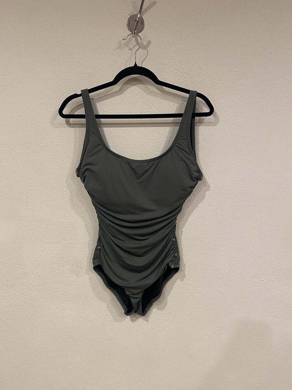 Carmen Marc Valvo Swimsuit Womens 12 Green Ruched One Piece Gold Button Tank